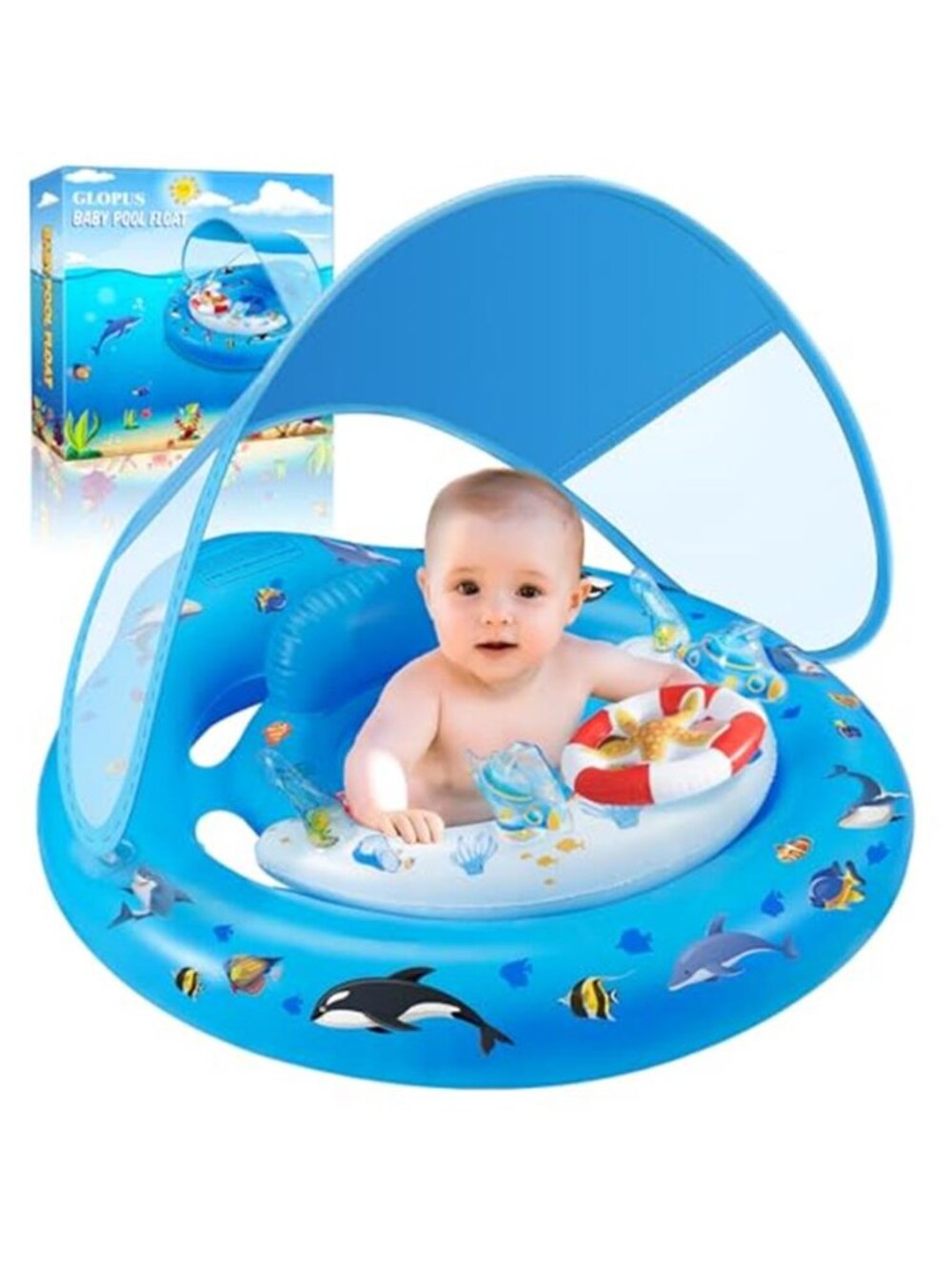 Baby Pool Float With Canopy Infant Swim Float Seat UPF 50 Sun Shade Water Toy